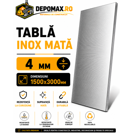 Tabla inox mata AISI 304 2B, 4 x 1500 x 3000 mm, 4.5 mp